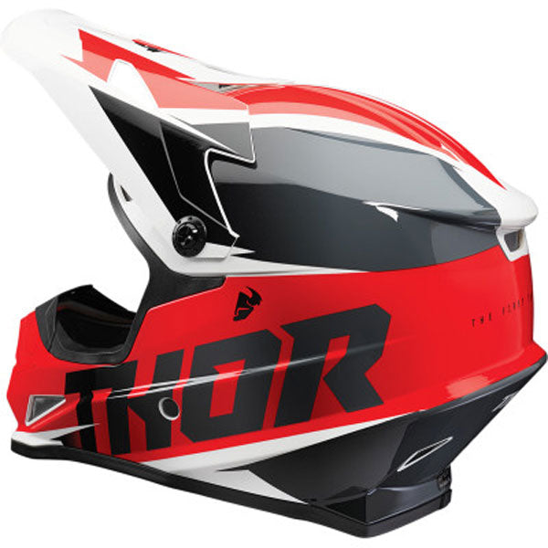 Studio view of Thor - Sector Fader Helmet helmet helmet, in Black and White, vented chin bar and intake ports, on a clean white background, (SKU 011067) Colors: Acid and Teal, Black and White, Blue and Black, Orange and Magenta, Red and Black Sizes: 2XL, 3XL, 4XL, LG, MD, SM, XL, XS