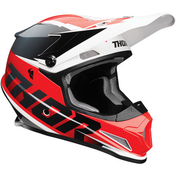 Studio view of Thor - Sector Fader Helmet helmet helmet, in Black and White, vented chin bar and intake ports, on a clean white background, (SKU 011067) Colors: Acid and Teal, Black and White, Blue and Black, Orange and Magenta, Red and Black Sizes: 2XL, 3XL, 4XL, LG, MD, SM, XL, XS