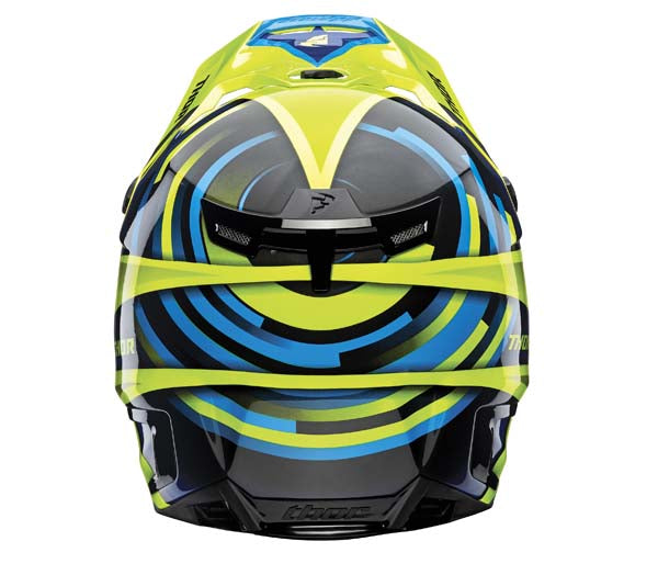 Studio view of Thor - Verge Vortechs Helmet helmet helmet, vented chin bar and intake ports, on a clean white background, (SKU 011047) Colors: Flo Green and Navy Sizes: M