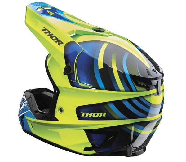 Studio view of Thor - Verge Vortechs Helmet helmet helmet, vented chin bar and intake ports, on a clean white background, (SKU 011047) Colors: Flo Green and Navy Sizes: M