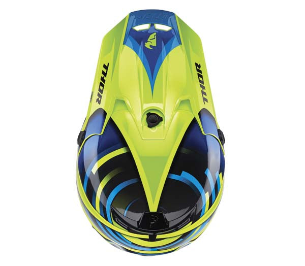 Studio view of Thor - Verge Vortechs Helmet helmet helmet, vented chin bar and intake ports, on a clean white background, (SKU 011047) Colors: Flo Green and Navy Sizes: M