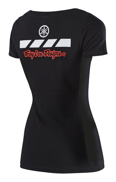 Clean studio shot of Troy Lee Designs Yamaha RS2 Tee (Womens); showing tee fit, printed graphics, and crew neckline; SKU 753646225; Colors: Black, Blue