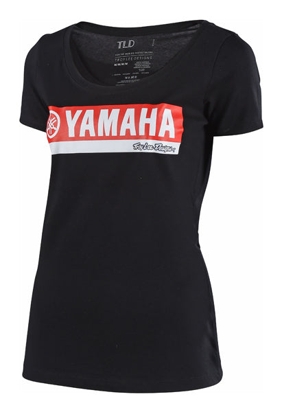 Professional studio photo of Troy Lee Designs Yamaha RS2 Tee (Womens); showing tee fit, printed graphics, and crew neckline; SKU 753646225; Sizes: S-XL