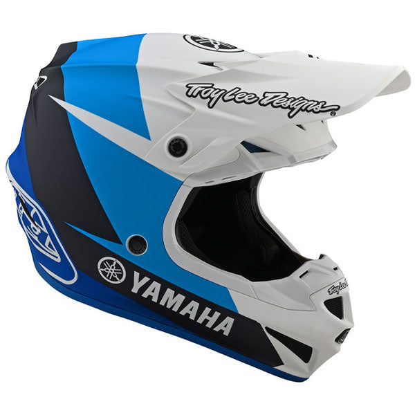 Image of Troy Lee Designs SKU 1098770 SE4 Polyacrylite Yamaha L4 Helmet Size: XS Colors: White/Blue (SKU 1098770)