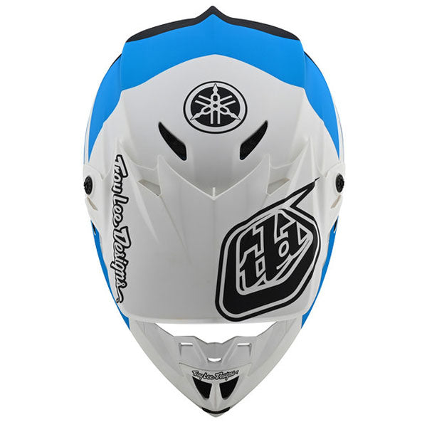 Image of Troy Lee Designs SKU 1098770 SE4 Polyacrylite Yamaha L4 Helmet Size: XS Colors: White/Blue (SKU 1098770)