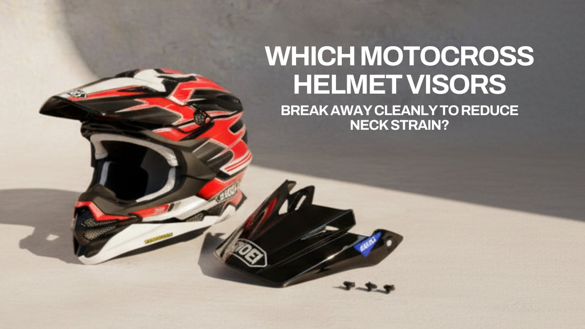 A red, white, and black motocross helmet sits next to a detached black helmet visor with the text "SHOEI" on it. The text "WHICH MOTOCROSS HELMET VISORS BREAK AWAY CLEANLY TO REDUCE NECK STRAIN?" is overlaid on the image