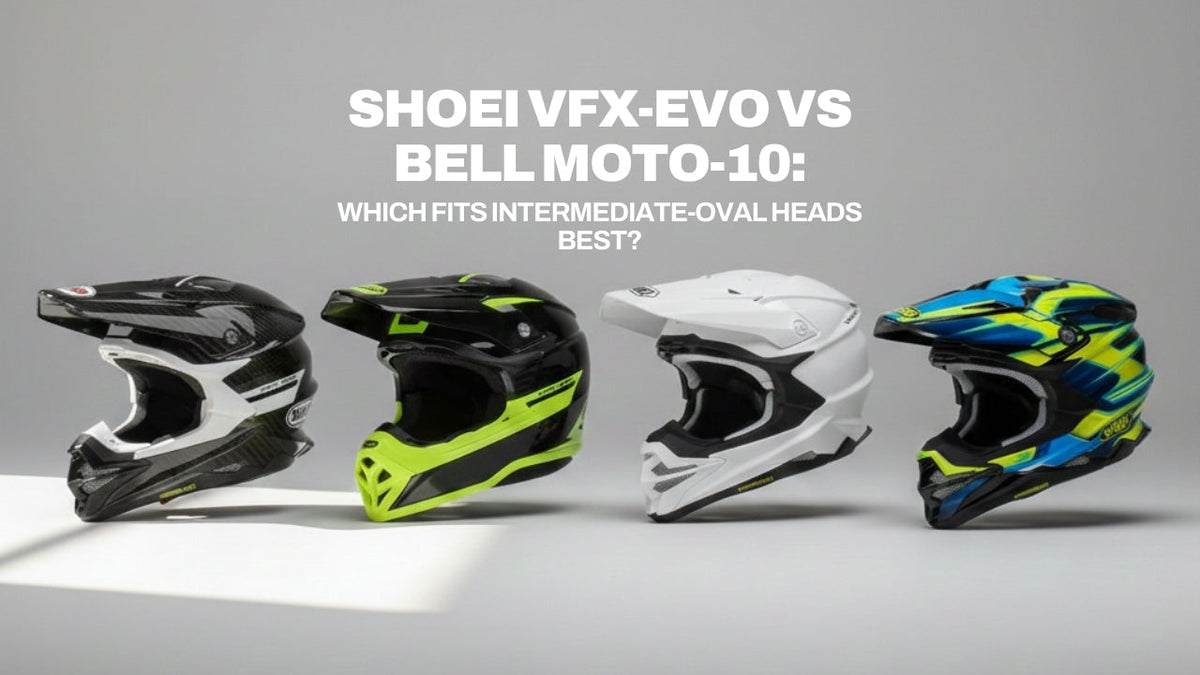 A comparison lineup of four motocross helmets featuring various colorways of the Shoei VFX-EVO and Bell Moto-10 Spherical against a neutral grey background and 'Shoei VFX-EVO vs Bell Moto-10: which fits intermediate-oval heads best?' written above.