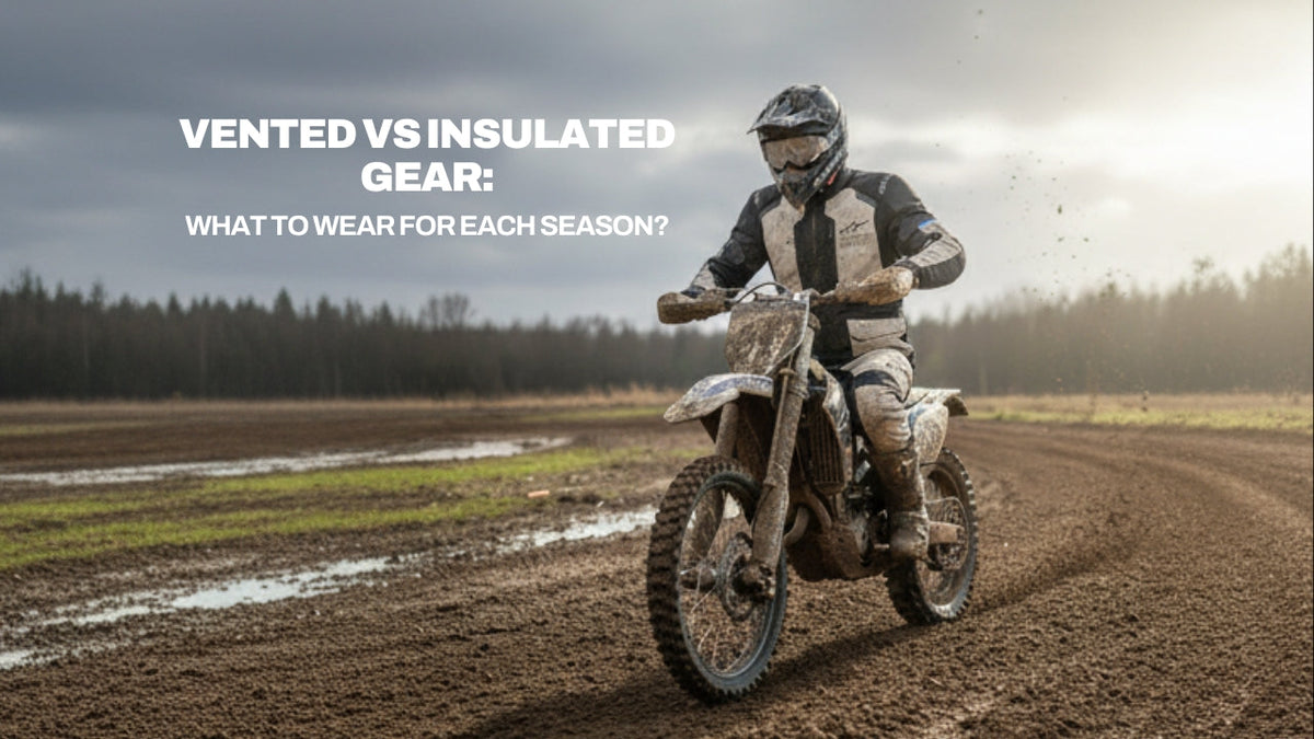 Rider wearing insulated motocross gear while riding through muddy terrain for seasonal riding comparison. With text saying "Vented vs Insulated Gear: What to Wear for Each Season?"