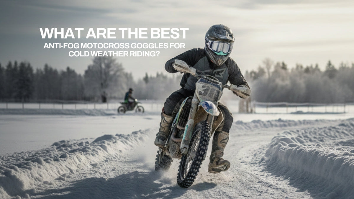 A motocross rider racing through a deep snow-covered track, with text overlaying the image asking: What are the best anti-fog motocross goggles for cold weather riding?