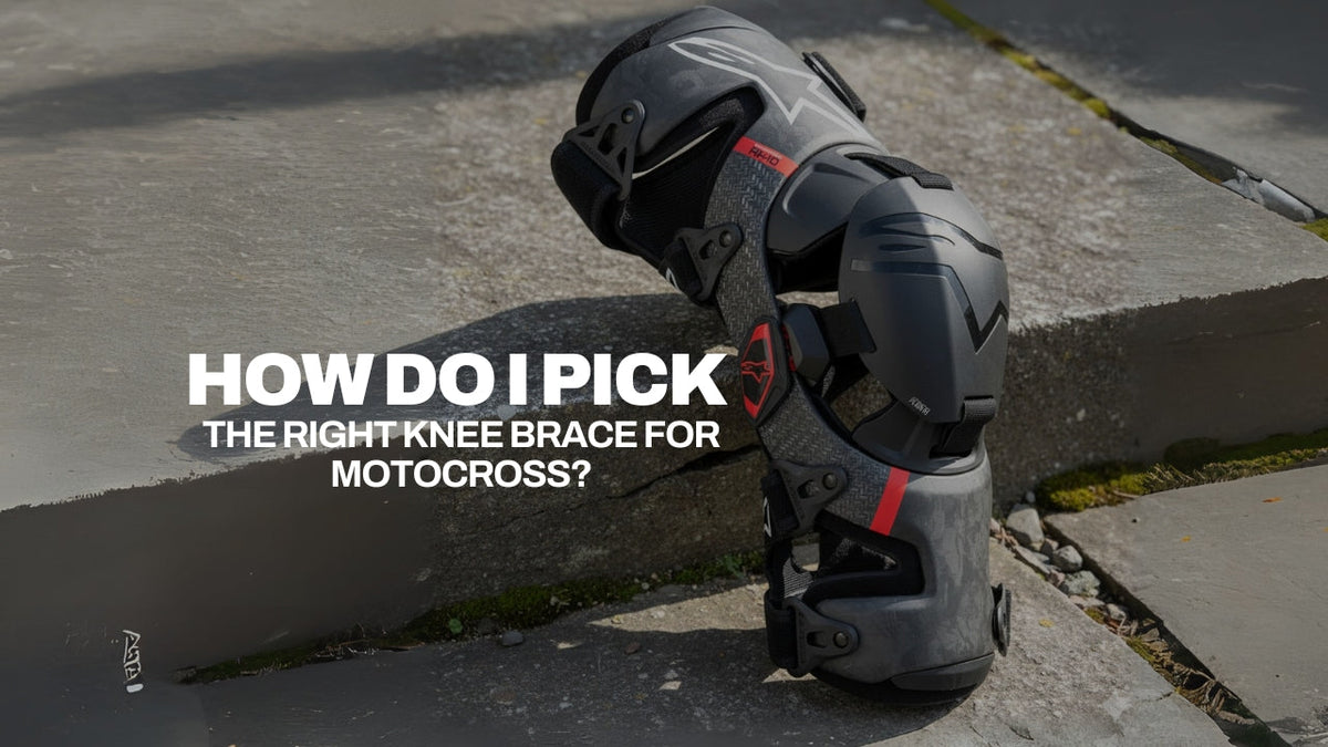 Alpinestars Bionic-10 Carbon Knee Brace resting on stone steps with bold “How Do I Pick the Right Knee Brace for Motocross” overlay.
