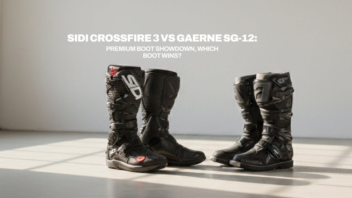 A side-by-side comparison of the Sidi Crossfire 3 and Gaerne SG-12 premium motocross boots in an indoor studio setting with "Sidi Crossfire 3 vs Gaerne SG-12: Premium Boot Showdown" written above.