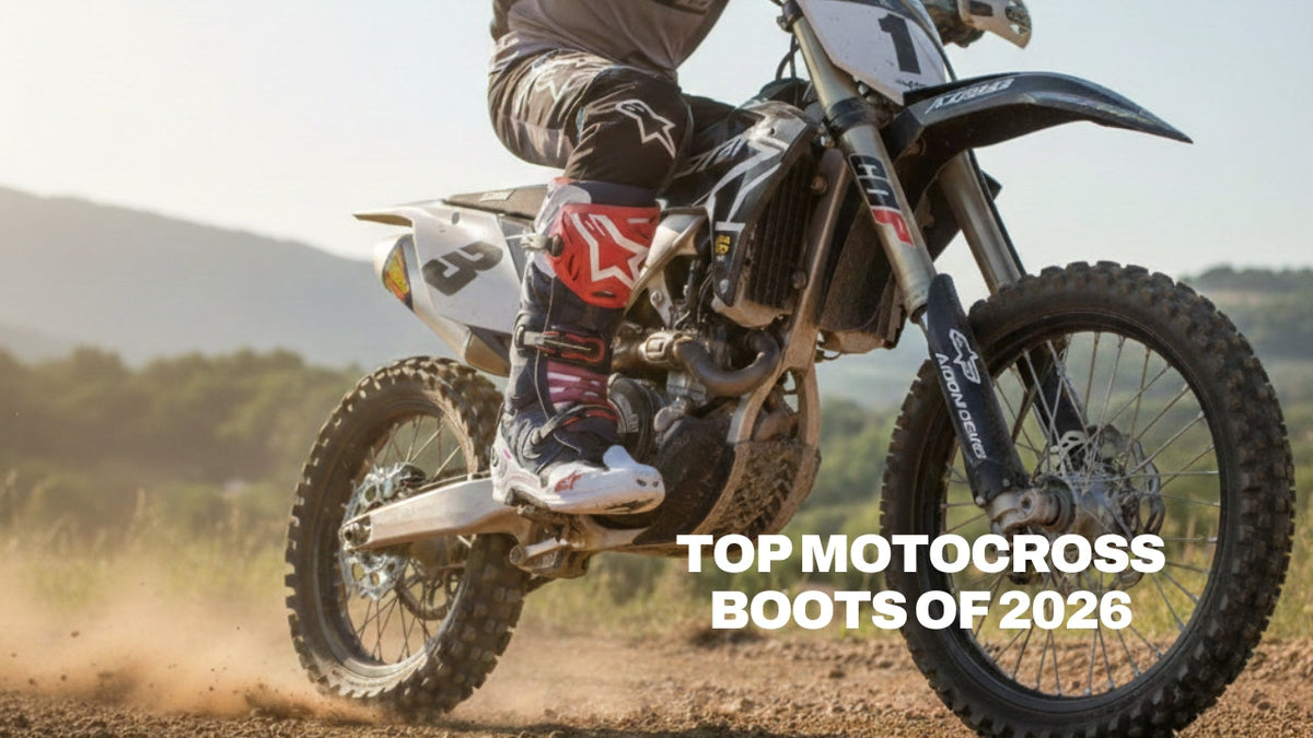 A motocross rider in action wearing white and red Alpinestars Tech 7 Motocross Boots, featuring the overlay text "Top Motocross Boots of 2026."