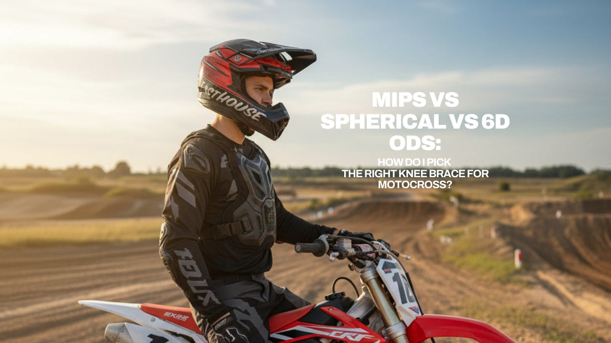 A motocross rider wearing a Bell Moto-10 Spherical Fasthouse Helmet and chest protector, sitting on a Honda motorcycle with an overlay text discussing MIPS vs. Spherical vs. 6D ODS technology.