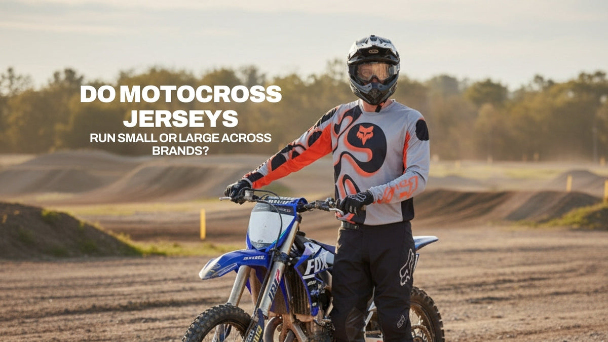 A male rider standing with a dirt bike on a track, wearing a grey and orange Fox Racing Motocross Jersey with the text "Do motocross jerseys run small or large across brands?"