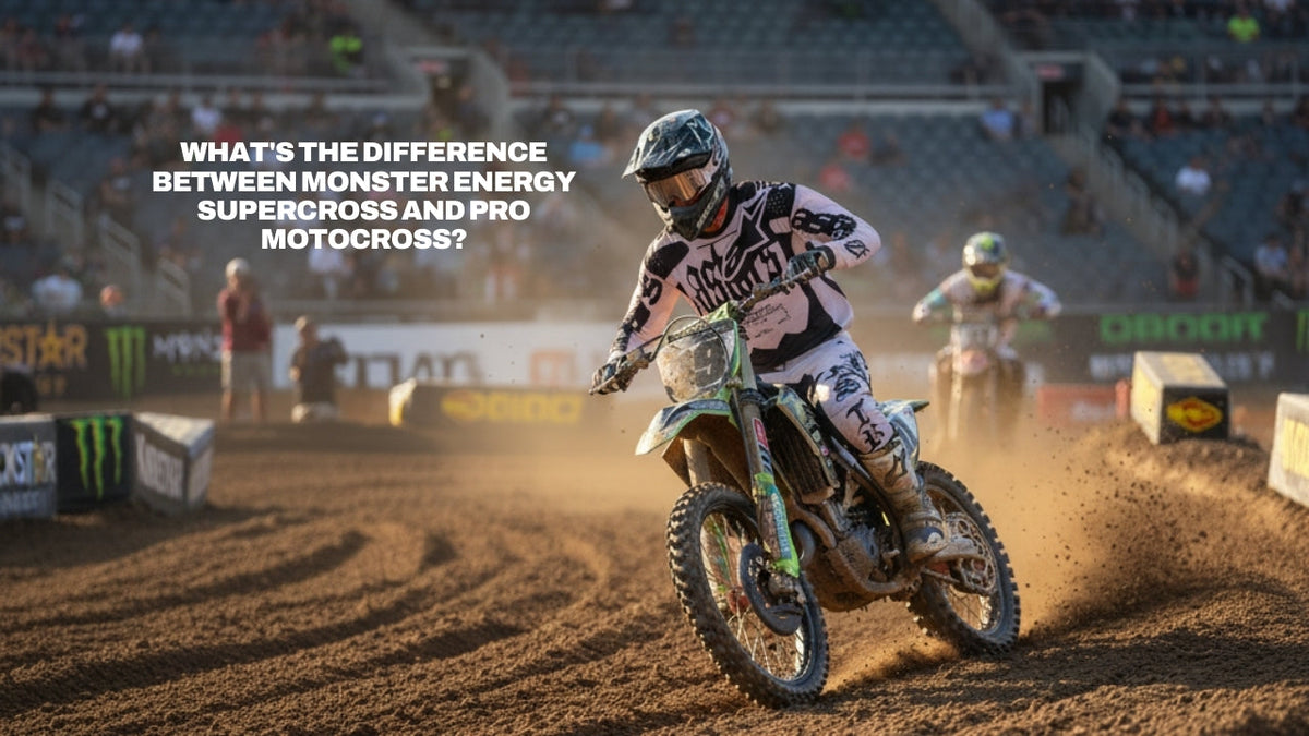 A professional racer on a green Kawasaki dirt bike maneuvers through a dirt corner during a race. Text overlay reads: "What's the difference between Monster Energy Supercross and Pro Motocross?"