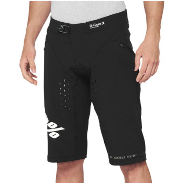 Product photo of 100%, R-Core X Shorts (MTB), SKU 50010165, color Black, sizes 28–38, Designed for Mountain Bike, BMX and E-Bike riders