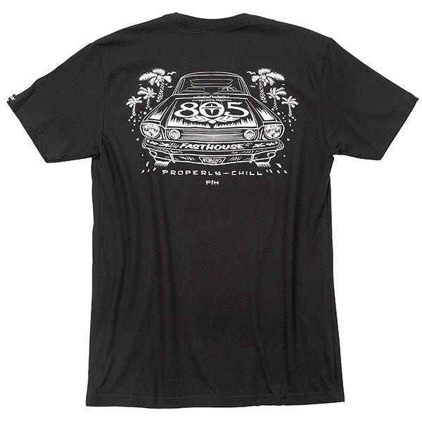 Crisp studio image on a white background of Fasthouse 805 Sunset Tee; showing tee fit, printed graphics, and crew neckline; SKU 32180500; Colors: Black
