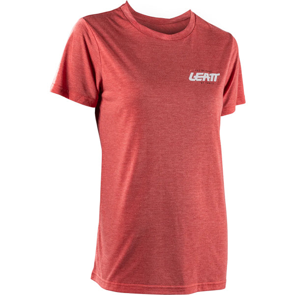 Studio photo on a white background of Leatt Tech T-Shirt (Womens); showing tee fit, printed graphics, and crew neckline; SKU 50260818; Sizes: XS-2XL