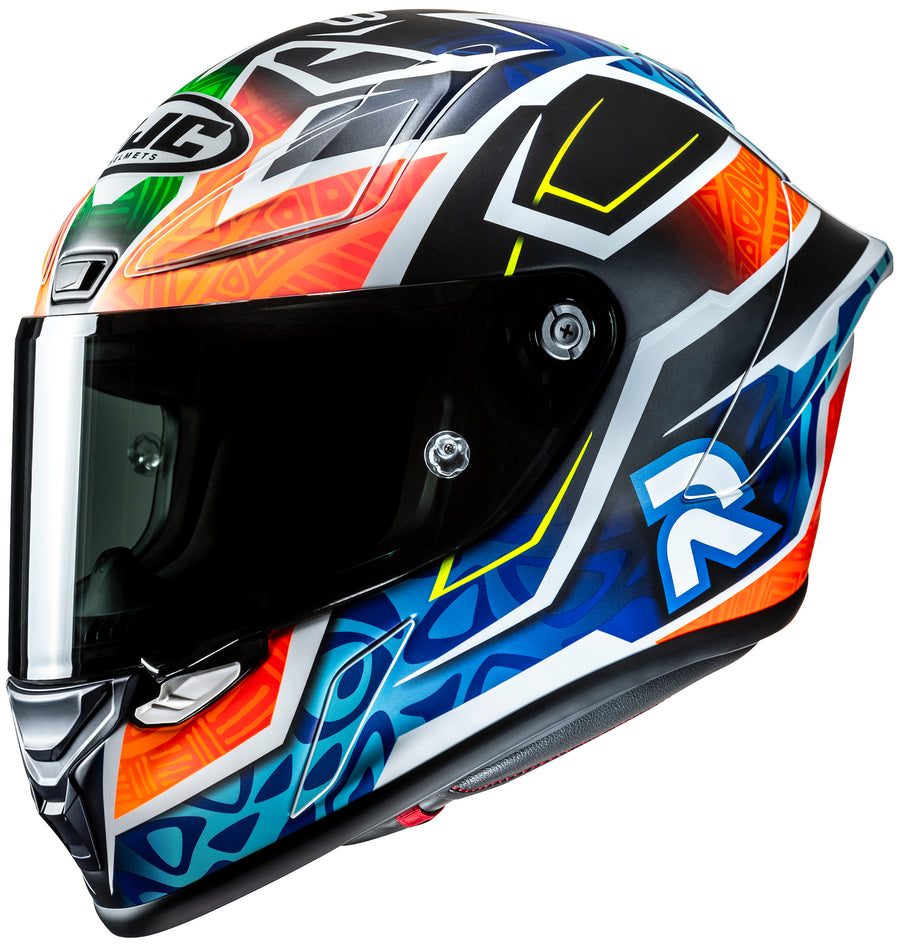 studio product photo of HJC SKU 809262703 in Blue/Red/Green, sizes XS, SM, MD, LG, XL for motocross helmet, dirt bike, off road.
