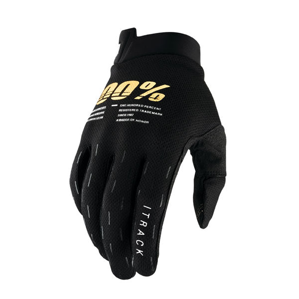 Catalog studio image of 100%, Itrack Gloves, Offroad Gloves, SKU 33306589, color options Black, Red, Fluo/Yellow, Aqua, Sentinel Terra, Sentinel Black, Kaledo, sizes SM, LG, MD, XL, 2XL