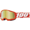 Detailed studio photograph of 100%, Strata 2 Goggle (Mirror Lens) (Youth), Goggles, SKU 610-5155, color options Neon Orange, Mirror True Gold, Black, Mirror Silver Lens, Blue, Mirror Red/Blue Lens, Neon Yellow, Mirror Pink Lens, Pink, Mirror Red Lens, Red, Mirror Red Lens, White, Mirror Silver Lens, Orange, Mirror Gold Lens and more
