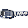 Detailed studio photograph of 100%, Racecraft 2.0 Goggle (Clear Lens), Goggles, SKU 26013034, color options Concordia, Battleship, Snowbird, Topo, Kalkuta, Neon Yellow, Fluo Yellow, Panam and more