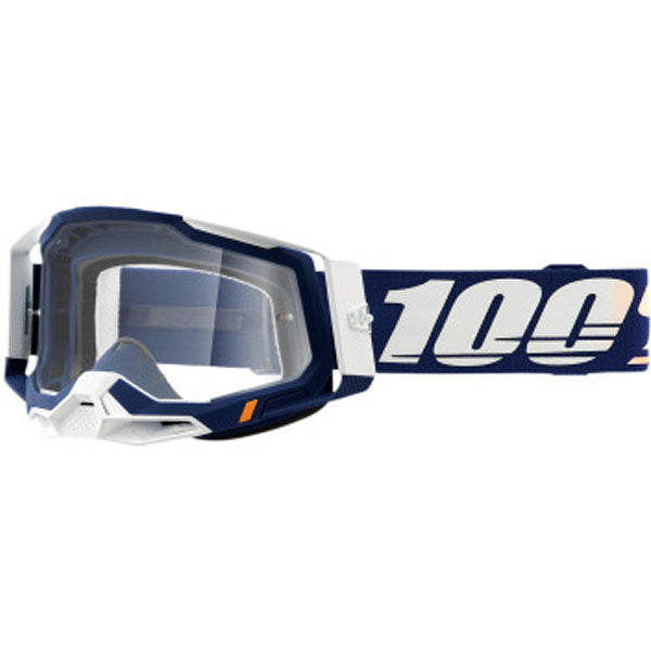 Detailed studio photograph of 100%, Racecraft 2.0 Goggle (Clear Lens), Goggles, SKU 26013034, color options Concordia, Battleship, Snowbird, Topo, Kalkuta, Neon Yellow, Fluo Yellow, Panam and more