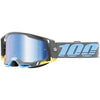 Studio image highlighting 100%, Racecraft 2.0 Goggle (Mirror Lens), Goggles, SKU 26013263, color options Arbis, Mirror Silver Lens, Mayfair, Mirror Silver Lens, Maho, Silver Flash Lens, Concordia, Mirror Blue Lens, Airblast, Mirror Silver Lens, Blue, Mirror Blue Lens, Fremont, Mirror Blue Lens, Red, Mirror Red Lens and more