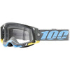 Studio image highlighting 100%, Racecraft 2.0 Goggle (Clear Lens), Goggles, SKU 26013077, color options Concordia, Battleship, Snowbird, Topo, Kalkuta, Neon Yellow, Fluo Yellow, Panam and more