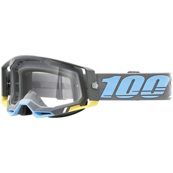 Studio image highlighting 100%, Racecraft 2.0 Goggle (Clear Lens), Goggles, SKU 26013077, color options Concordia, Battleship, Snowbird, Topo, Kalkuta, Neon Yellow, Fluo Yellow, Panam and more