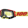 Studio image highlighting 100%, Racecraft 2.0 Goggle (Clear Lens), Goggles, SKU 26013074, color options Concordia, Battleship, Snowbird, Topo, Kalkuta, Neon Yellow, Fluo Yellow, Panam and more