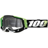 Studio image highlighting 100%, Racecraft 2.0 Goggle (Clear Lens), Goggles, SKU 26013072, color options Concordia, Battleship, Snowbird, Topo, Kalkuta, Neon Yellow, Fluo Yellow, Panam and more