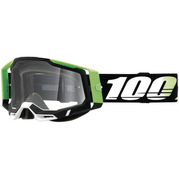 Studio image highlighting 100%, Racecraft 2.0 Goggle (Clear Lens), Goggles, SKU 26013072, color options Concordia, Battleship, Snowbird, Topo, Kalkuta, Neon Yellow, Fluo Yellow, Panam and more