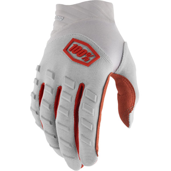 Studio product photo on a neutral background of 100%, Airmatic Gloves (Sale), Offroad Gloves, SKU 33307129, color options Blue, Black/Charcoal, Fluo Yellow/Black, Red/Black, Silver, sizes SM, MD, LG, XL, 2X