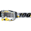 Studio photo showcasing 100%, Racecraft 2.0 Goggle (Clear Lens), Goggles, SKU 26013258, color options Concordia, Battleship, Snowbird, Topo, Kalkuta, Neon Yellow, Fluo Yellow, Panam and more