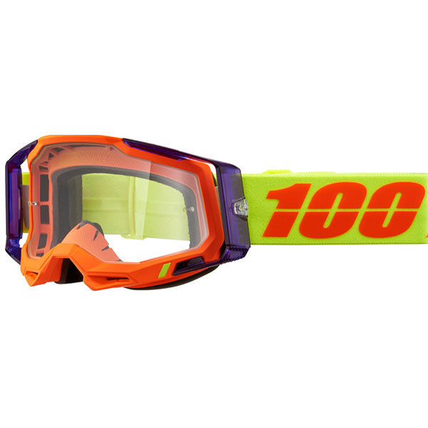 High-resolution studio image of 100%, Racecraft 2.0 Goggle (Clear Lens), Goggles, SKU 26013260, color options Concordia, Battleship, Snowbird, Topo, Kalkuta, Neon Yellow, Fluo Yellow, Panam and more