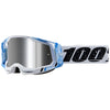 Studio image highlighting 100%, Racecraft 2.0 Goggle (Mirror Lens), Goggles, SKU 26013267, color options Arbis, Mirror Silver Lens, Mayfair, Mirror Silver Lens, Maho, Silver Flash Lens, Concordia, Mirror Blue Lens, Airblast, Mirror Silver Lens, Blue, Mirror Blue Lens, Fremont, Mirror Blue Lens, Red, Mirror Red Lens and more