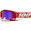 Studio image highlighting 100%, Racecraft 2.0 Goggle (Mirror Lens), Goggles, color options Arbis, Mirror Silver Lens, Mayfair, Mirror Silver Lens, Maho, Silver Flash Lens, Concordia, Mirror Blue Lens, Airblast, Mirror Silver Lens, Blue, Mirror Blue Lens, Fremont, Mirror Blue Lens, Red, Mirror Red Lens and more