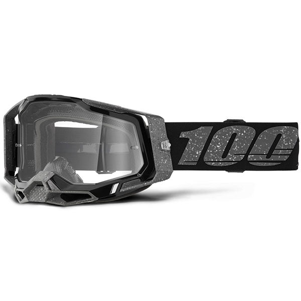 Studio photo showcasing 100%, Racecraft 2.0 Goggle Sale (Clear Lens), Goggles, SKU 5631205800, color options Kos, Kravkov, Cleat, Engal, Black, Red