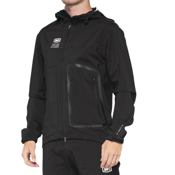 Detailed studio photograph of 100%, Hydromatic Jacket (MTB), Riding Jacket, SKU 51300011, color Black, sizes SM, MD, LG, XL, Designed for Mountain Bike, BMX and E-Bike riders