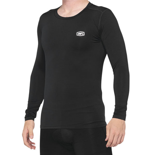 Studio photo showcasing 100%, Long Sleeve Basecamp Base Layer (MTB), Base Layer Shirt, SKU 51200210, color Black, sizes SM, MD, LG, XL