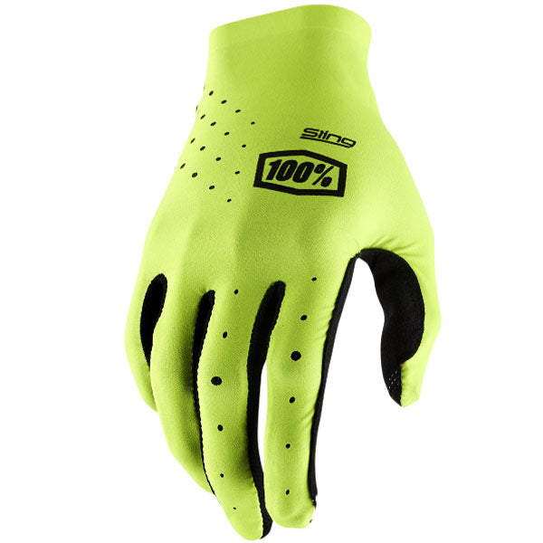 Studio photo showcasing 100%, Sling MX Gloves, Offroad Gloves, SKU 33306638, color options Black, Grey, Navy, Fluo Yellow, sizes LG, MD, XL, SM