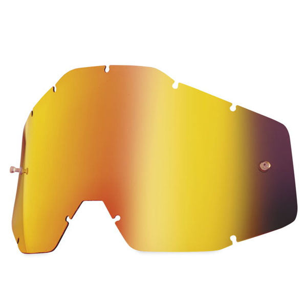 High-resolution studio image of 100%, Replacement Lens (Accuri/Strata/Racecraft), Goggle Lens, SKU 26020490, sizes Red Mirror Anti-Fog [$24.00], Gold Mirror Anti-Fog [$24.00], Green Mirror Anti-Fog [$24.00], Clear Vented Dual [$17.00]