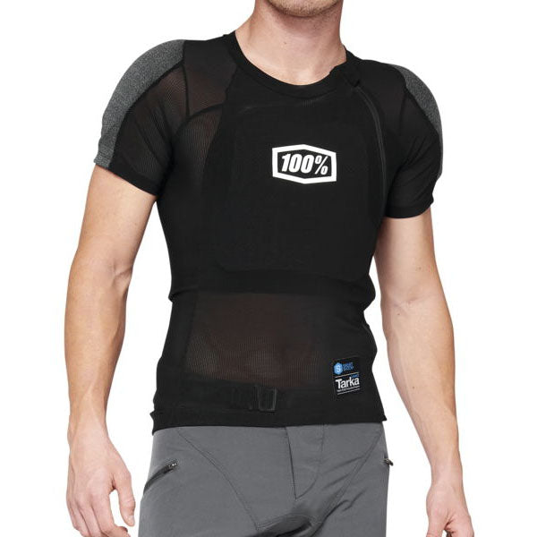 High-resolution studio image of 100%, Tarka Short Sleeve, Chest Protector, SKU 27011088, color Black, sizes SM, MD, LG, XL, 2XL