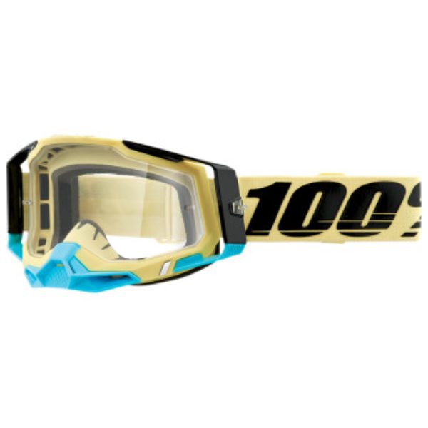 Studio photo showcasing 100%, Racecraft 2.0 Goggle (Clear Lens), Goggles, SKU 26012896, color options Concordia, Battleship, Snowbird, Topo, Kalkuta, Neon Yellow, Fluo Yellow, Panam and more