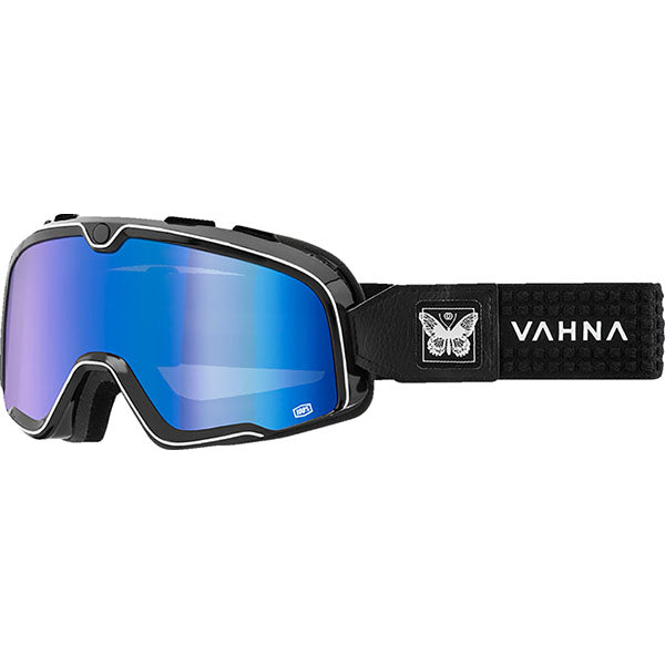 Detailed studio photograph of 100%, Barstow Goggle, Goggles, SKU 26013534, color options Race Service, Mirror Silver Lens, The Arsenale, Smoke Lens, Death Spray, Mirror Blue Lens, El Solitario, Smoke Lens, Vahna, Mirror Blue Lens, Erban, Mirror Dark Red Lens, Malibu, Smoke Lens, Jane Motorcycles, Mirror True Gold Lens and more