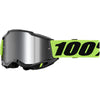 Studio image highlighting 100%, Accuri 2.0 Goggle (Mirror Lens), Goggles, SKU 610-5209, color options Fairbanks, Mirror True Gold Lens, Samba, Mirror Silver Lens, 2028, Mirror Blue Lens, Yumiko, Mirror Silver Lens, Torken, Mirror Red Lens, Risland, Mirror True Gold Lens, Razza, Mirror Silver Lens, Neon Yellow, Mirror Silver Lens and more