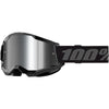 Detailed studio photograph of 100%, Strata 2.0 Goggle (Mirror Lens), Goggles, SKU 5652100500, color options Black, Mirror Silver Lens, Neon Orange, Mirror True Gold Lens, White, Mirror Silver Lens, Solar Eclipse, True Gold Mirror Lens, War Camo, Silver Mirror Lens, Maupiti, Silver Mirror Lens, Stone, Blue Mirror Lens, Blue, Red/Blue Mirror Lens and more