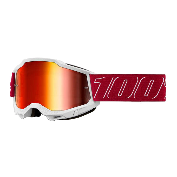 High-resolution studio image of 100%, Accuri 2.0 Goggle (Mirror Lens), Goggles, SKU 5642208500, color options Fairbanks, Mirror True Gold Lens, Samba, Mirror Silver Lens, 2028, Mirror Blue Lens, Yumiko, Mirror Silver Lens, Torken, Mirror Red Lens, Risland, Mirror True Gold Lens, Razza, Mirror Silver Lens, Neon Yellow, Mirror Silver Lens and more