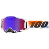 Studio photo showcasing 100%, Armega Goggle w/ HiPER Lens, Goggles, SKU 610-5351, color options Crenshaw, HiPER Mirror Purple Lens, United, HiPER Mirror Red/Blue Lens, Acosta, HiPER Mirror Silver Lens, Glory, HiPER Mirror Red Lens, X-Ray, HiPER Mirror Silver Lens, Kloug, HiPER Mirror Dark Red Lens, Blacktail, HiPER Mirror Silver Lens, Racr, HiPER Mirror Silver Lens and more